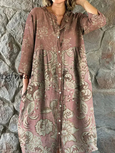 Vintage Bohemian Floral Art Print Chic V Neck Three Quarter Sleeve Button Elegant Midi Dress A / S