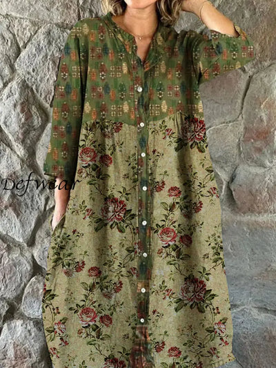 Vintage Bohemian Floral Art Print Chic V Neck Three Quarter Sleeve Button Elegant Midi Dress A / S