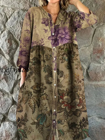 Vintage Bohemian Floral Art Print Chic V Neck Three Quarter Sleeve Button Elegant Midi Dress A / S