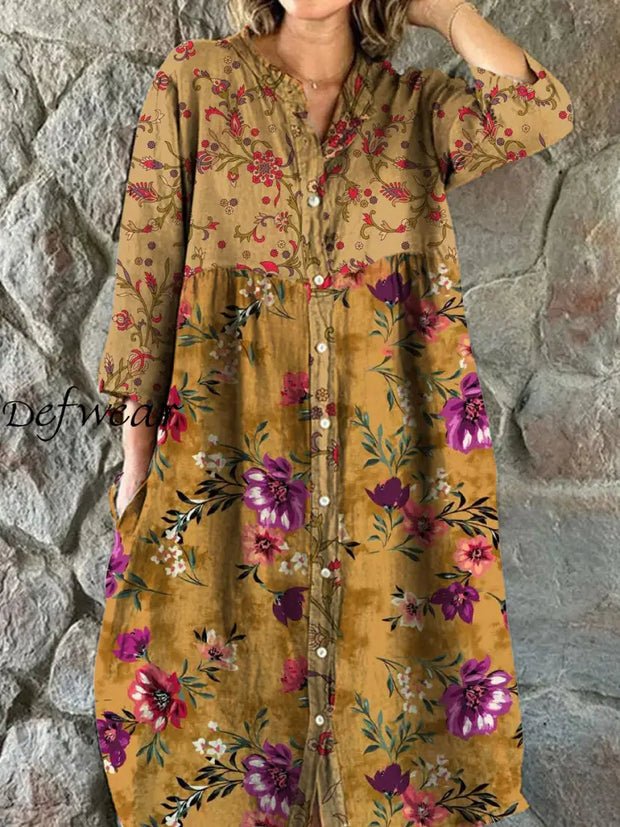 Vintage Bohemian Floral Art Print Chic V Neck Three Quarter Sleeve Button Elegant Midi Dress A / S