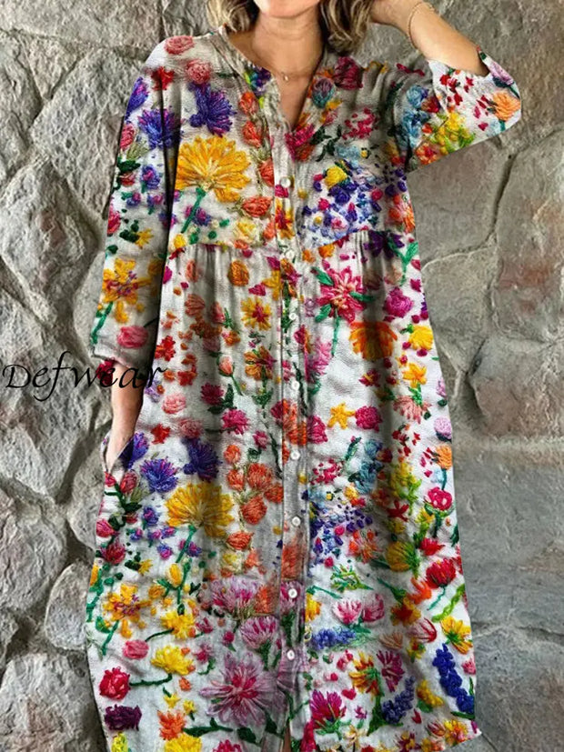 Vintage Bohemian Floral Art Print Chic V Neck Three Quarter Sleeve Button Elegant Midi Dress A / S