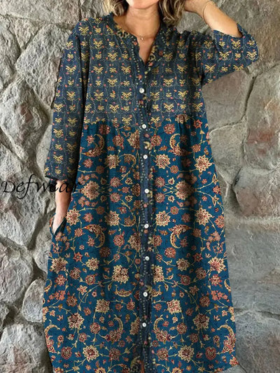 Vintage Bohemian Floral Art Print Chic V Neck Three Quarter Sleeve Button Elegant Midi Dress A / S