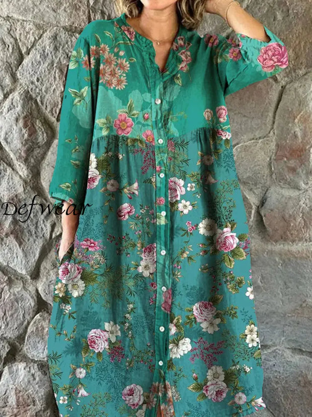 Vintage Bohemian Floral Art Print Chic V Neck Three Quarter Sleeve Button Elegant Midi Dress A / S