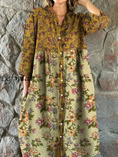 Vintage Bohemian Floral Art Print Chic V Neck Three Quarter Sleeve Button Elegant Midi Dress A / S