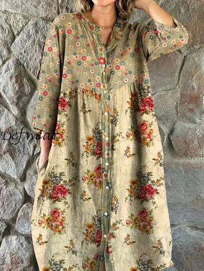 Vintage Bohemian Floral Art Print Chic V Neck Three Quarter Sleeve Button Elegant Midi Dress A / S