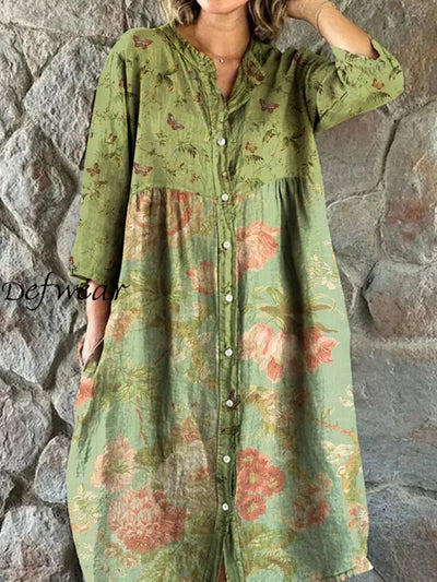 Vintage Bohemian Floral Art Print Chic V Neck Three Quarter Sleeve Button Elegant Midi Dress A / S