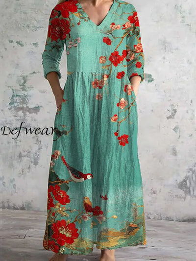 Vintage Bohemian Floral Art Print Chic V Neck Three Quarter Sleeve Elegant Midi Dress A / S