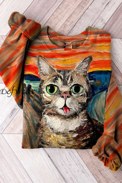 Vintage Cat Art Print Casual Knitted Pullover Sweater