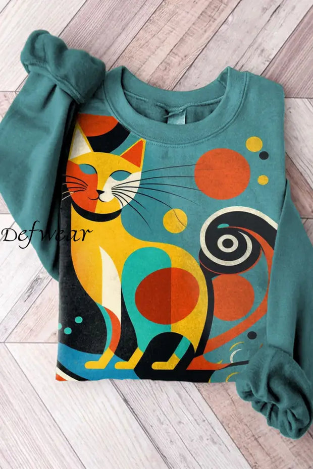 Vintage Cat Art Print Casual Knitted Pullover Sweater