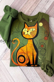 Vintage Cat Art Print Casual Knitted Pullover Sweater