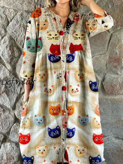 Vintage Cat Art Print Chic V Neck Three Quarter Sleeve Button Elegant Midi Dress A / S