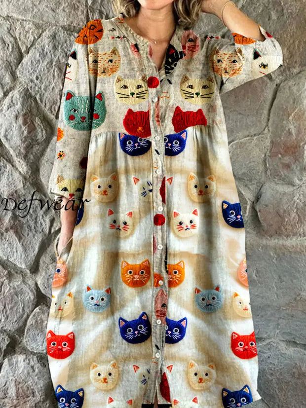 Vintage Cat Art Print Chic V Neck Three Quarter Sleeve Button Elegant Midi Dress A / S