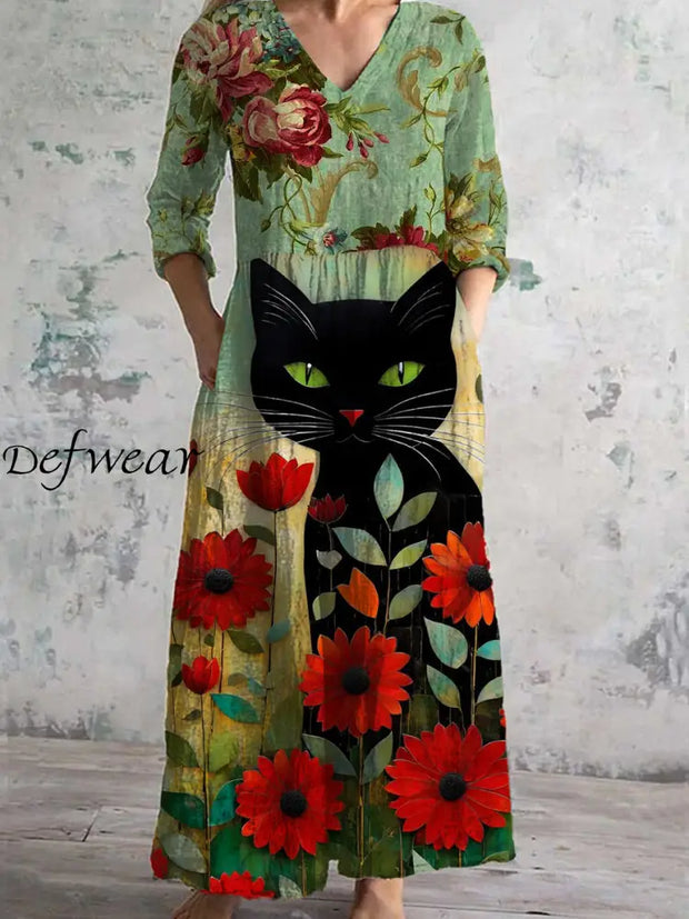 Vintage Cat Art Print Chic V-Neck Three-Quarter Sleeve Elegant Midi Dress A / S