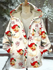 Vintage Christmas Art Print Plush Thick Long Sleeve Hooded Jacket