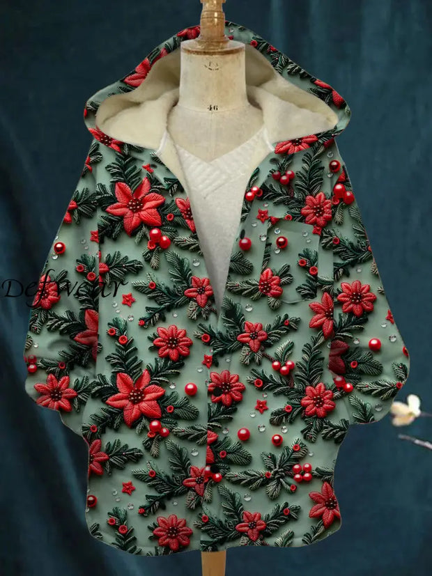 Vintage Christmas Art Print Plush Thick Long Sleeve Hooded Jacket