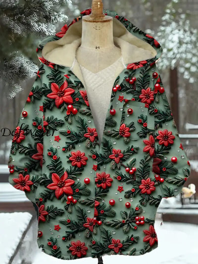 Vintage Christmas Art Print Plush Thick Long Sleeve Hooded Jacket A / S