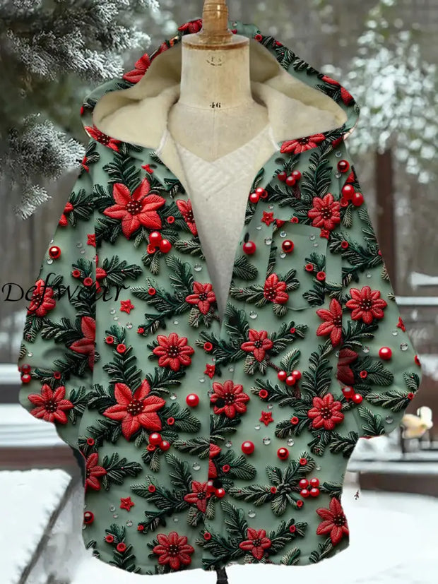 Vintage Christmas Art Print Plush Thick Long Sleeve Hooded Jacket A / S