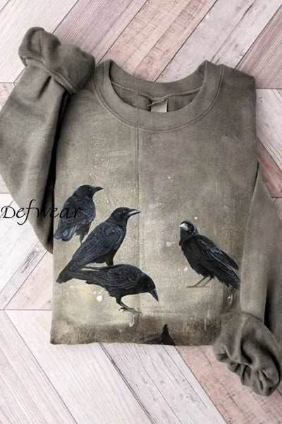 Vintage Crow Art Print Casual Knitted Pullover Sweater