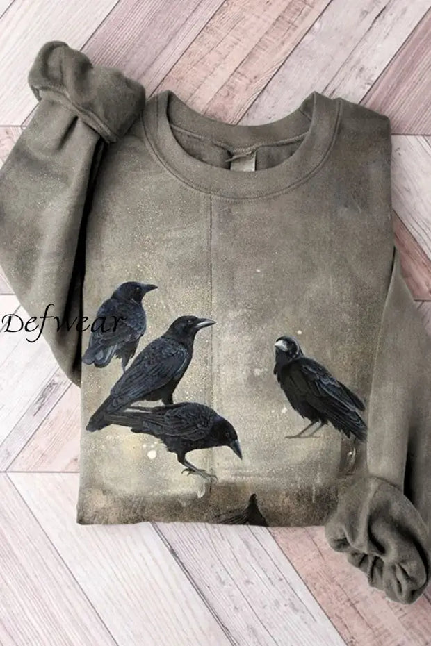 Vintage Crow Art Print Casual Knitted Pullover Sweater A / S