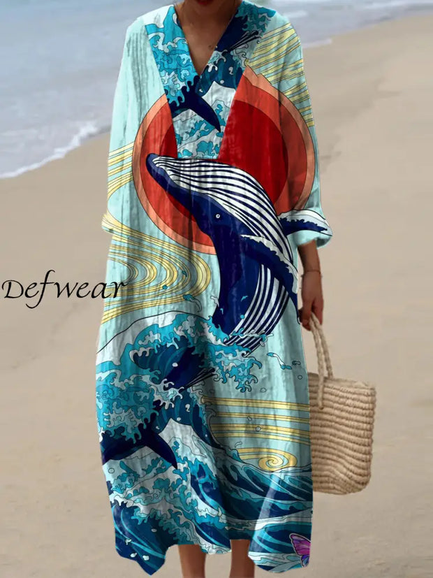 Vintage Dolphin Art Print V-Neck Elegant Chic Loose Long Sleeve Midi Dress A / S