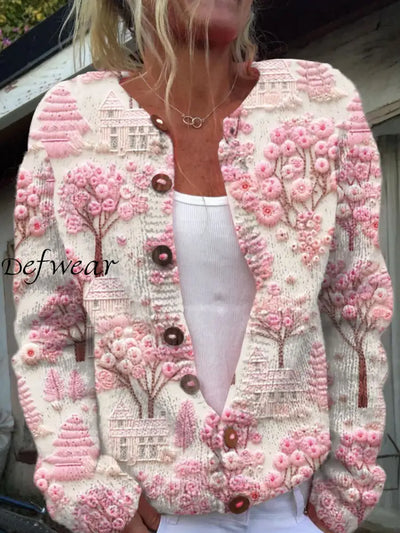 Vintage Elegant Breast Cancer Embroidery Floral Print Chic Button Thick Long Sleeve Cardigan