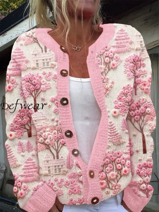 Vintage Elegant Breast Cancer Embroidery Floral Print Chic Button Thick Long Sleeve Cardigan