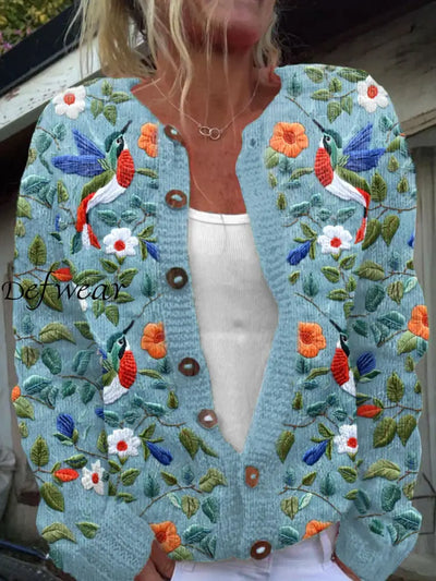 Vintage Elegant Floral Bird Art Print Chic Button Thick Long Sleeve Cardigan Sweater A / S