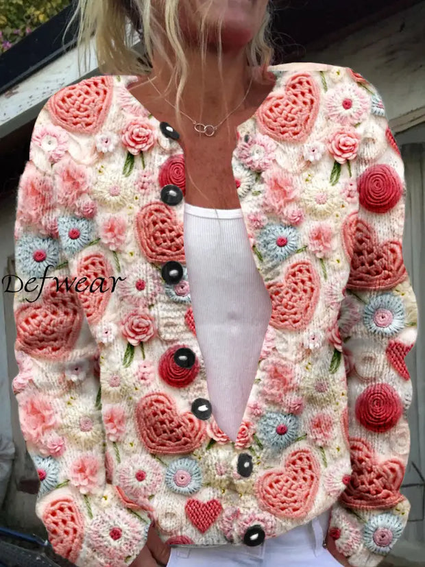 Vintage Elegant Floral Print Chic Button Thick Long Sleeve Cardigan Sweater A / S