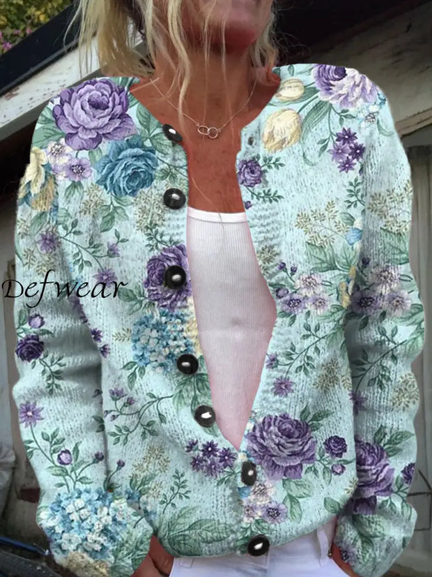 Vintage Elegant Floral Print Chic Button Thick Long Sleeve Cardigan Sweater A / S