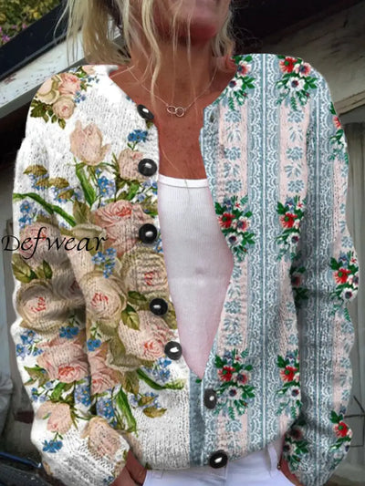 Vintage Elegant Floral Print Chic Button Thick Long Sleeve Cardigan Sweater A / S