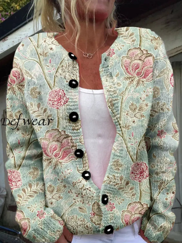 Vintage Elegant Floral Print Chic Button Thick Long Sleeve Cardigan Sweater A / S