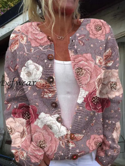 Vintage Elegant Floral Print Chic Button Thick Long Sleeve Cardigan Sweater A / S