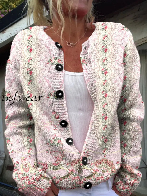 Vintage Elegant Floral Print Chic Button Thick Long Sleeve Cardigan Sweater A / S