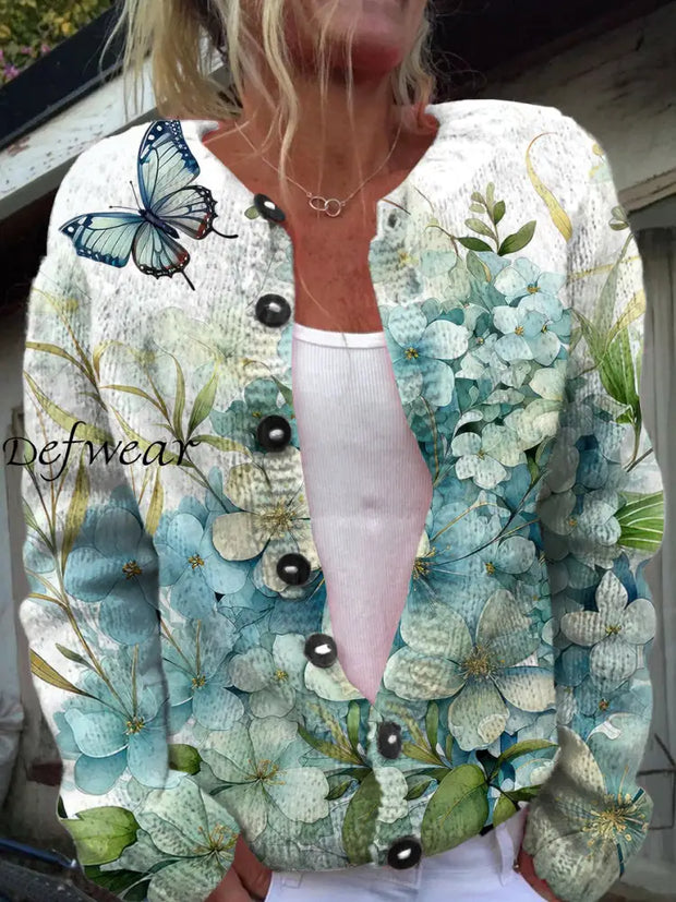 Vintage Elegant Floral Print Chic Button Thick Long Sleeve Cardigan Sweater A / S