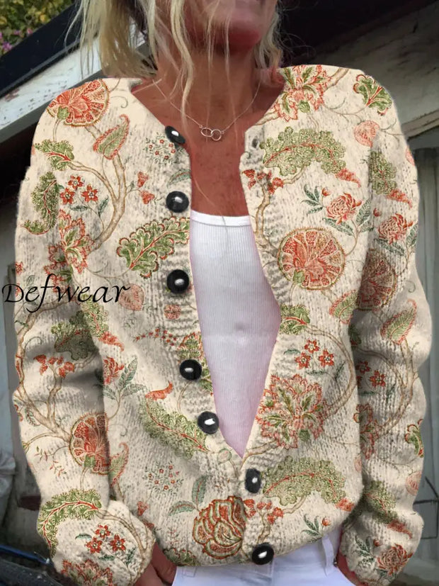 Vintage Elegant Floral Print Chic Button Thick Long Sleeve Cardigan Sweater A / S