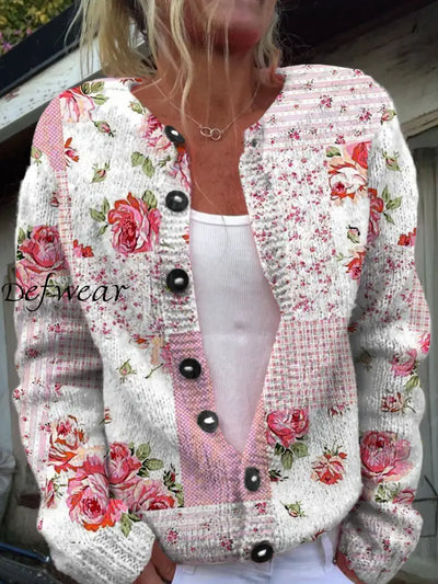 Vintage Elegant Floral Print Chic Button Thick Long Sleeve Hooded Cardigan Sweater A / S