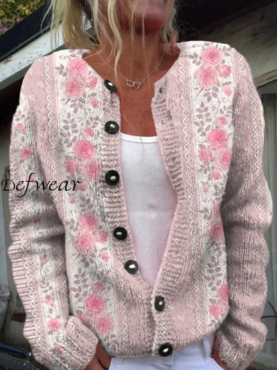 Vintage Elegant Floral Print Chic Buttons Thick Long Sleeve Cardigan Sweater A / S