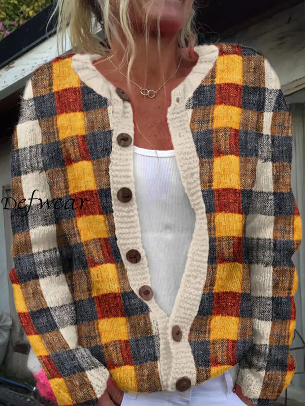 Vintage Elegant Plaid Print Chic Button Thick Long Sleeve Cardigan Sweater A / S