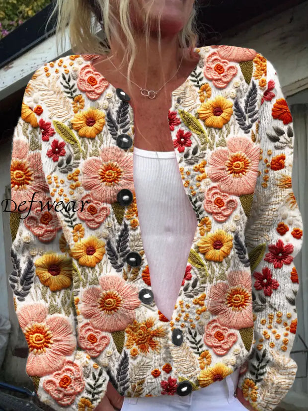 Vintage Elegant Seamless Embroidery Floral Print Chic Button Thick Long Sleeve Cardigan Sweater A /