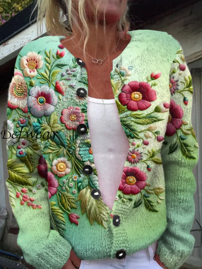 Vintage Elegant Seamless Embroidery Floral Print Chic Button Thick Long Sleeve Cardigan Sweater A /