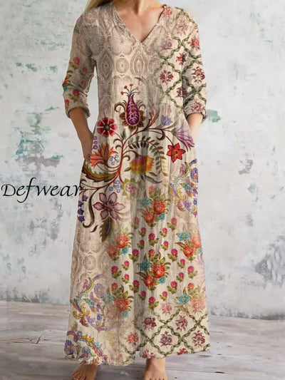 Vintage Ethnic Art Print Chic V Neck Three Quarter Sleeve Elegant Midi Dress Apricot / S