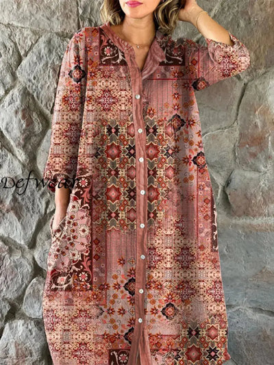 Vintage Ethnic Floral Art Print Chic V-Neck Three-Quarter Sleeve Button Up Elegant Midi Dress Rose