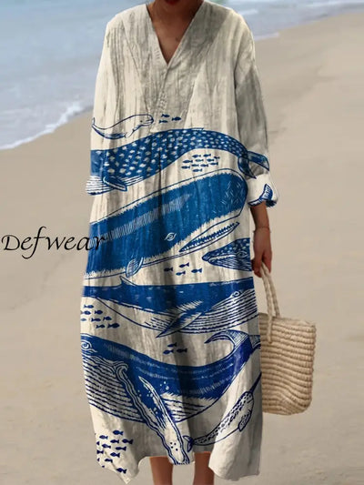 Vintage Fish Art Print V-Neck Elegant Chic Loose Long Sleeve Midi Dress A / S