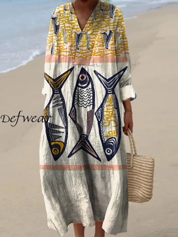 Vintage Fish Art Print V-Neck Elegant Chic Loose Long Sleeve Midi Dress A / S