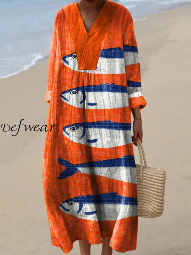 Vintage Fish Art Print V Neck Elegant Chic Loose Long Sleeve Midi Dress A / S