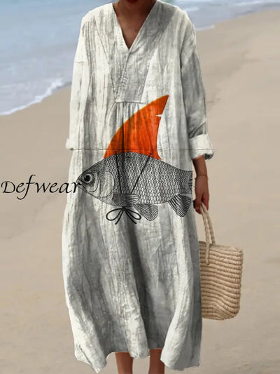 Vintage Fish Art Print V-Neck Elegant Chic Loose Long Sleeve Midi Dress A / S