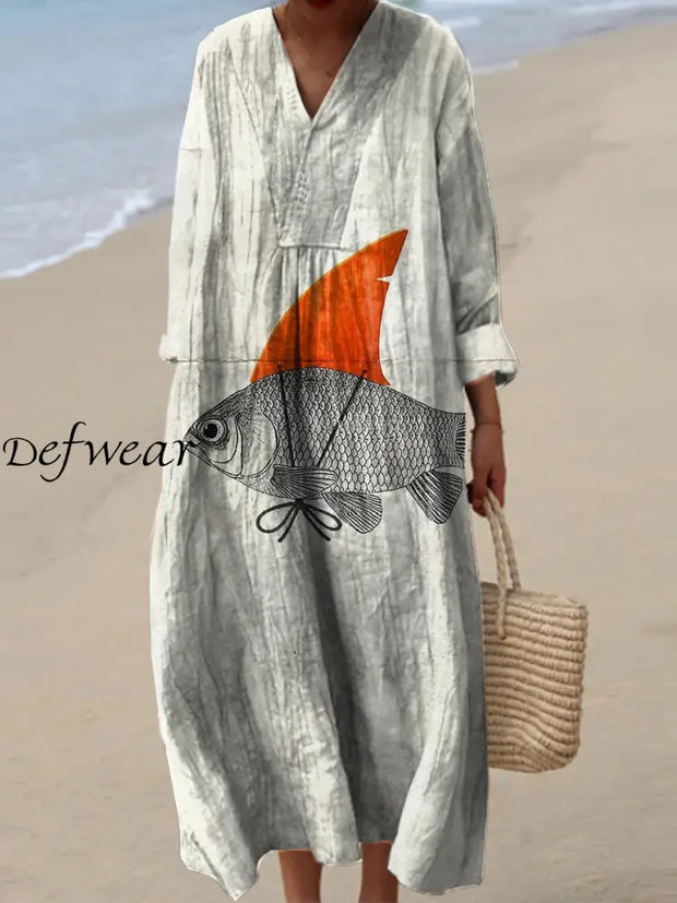 Vintage Fish Art Print V-Neck Elegant Chic Loose Long Sleeve Midi Dress A / S