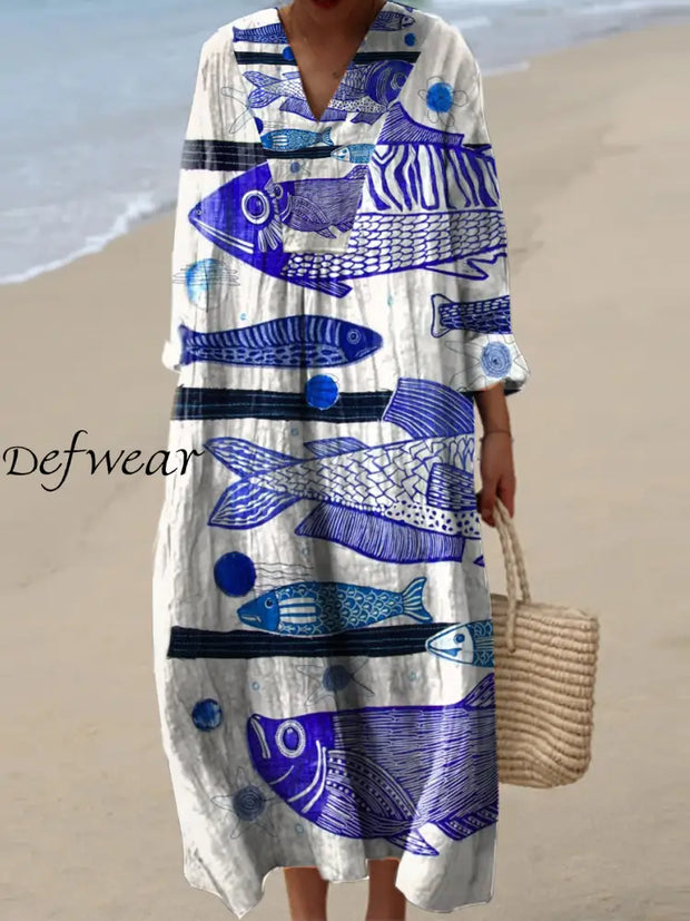 Vintage Fish Art Print V-Neck Elegant Chic Loose Long Sleeve Midi Dress A / S