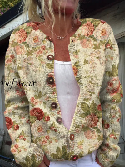 Vintage Floral Art Print Button Cardigan A / S