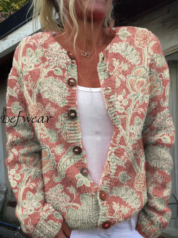 Vintage Floral Art Print Button Cardigan A / S